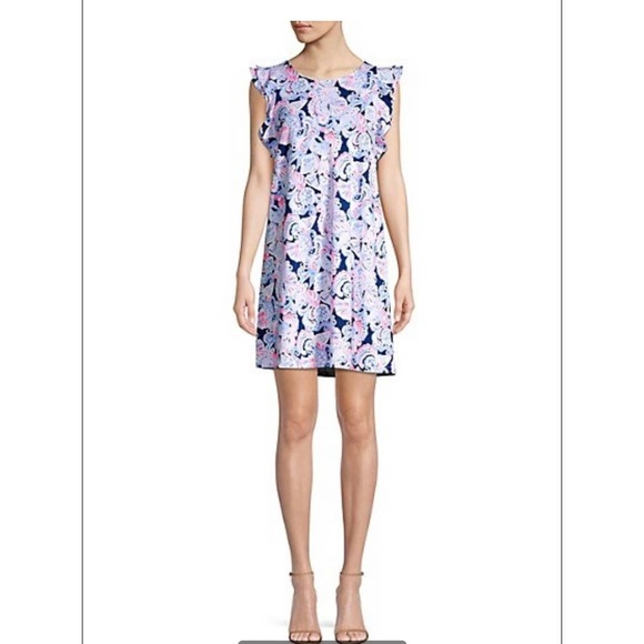 Lilly Pulitzer Dani Ruffled Abstract Shift Dress Color: High Tide Sz:M - Picture 3 of 11